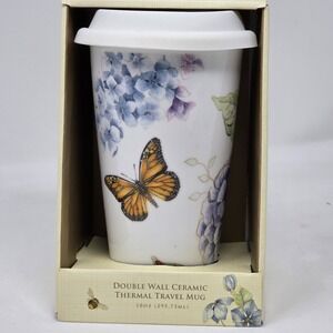 NEW Lenox Butterfly Meadow Double Wall Ceramic Blue Thermal Travel Mug 10 oz NIB